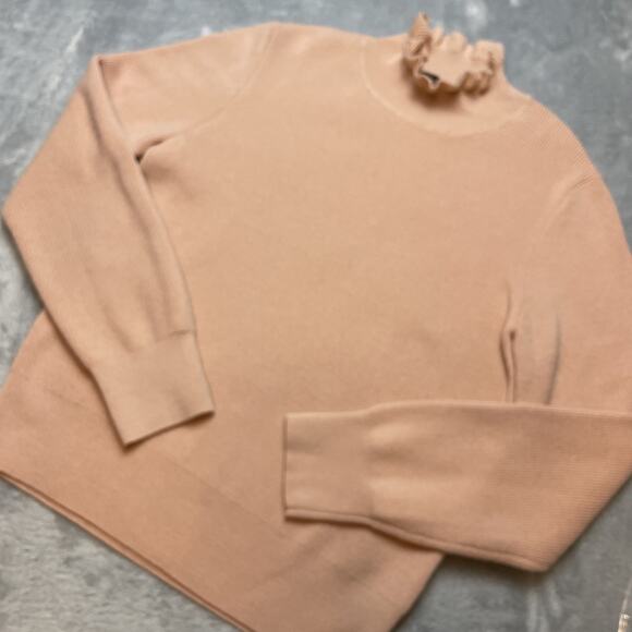 J Crew Merino Wool Blend Sweater Womens M Dusty Pink Ribbed Ruffleneck Preppy - Picture 1 of 7